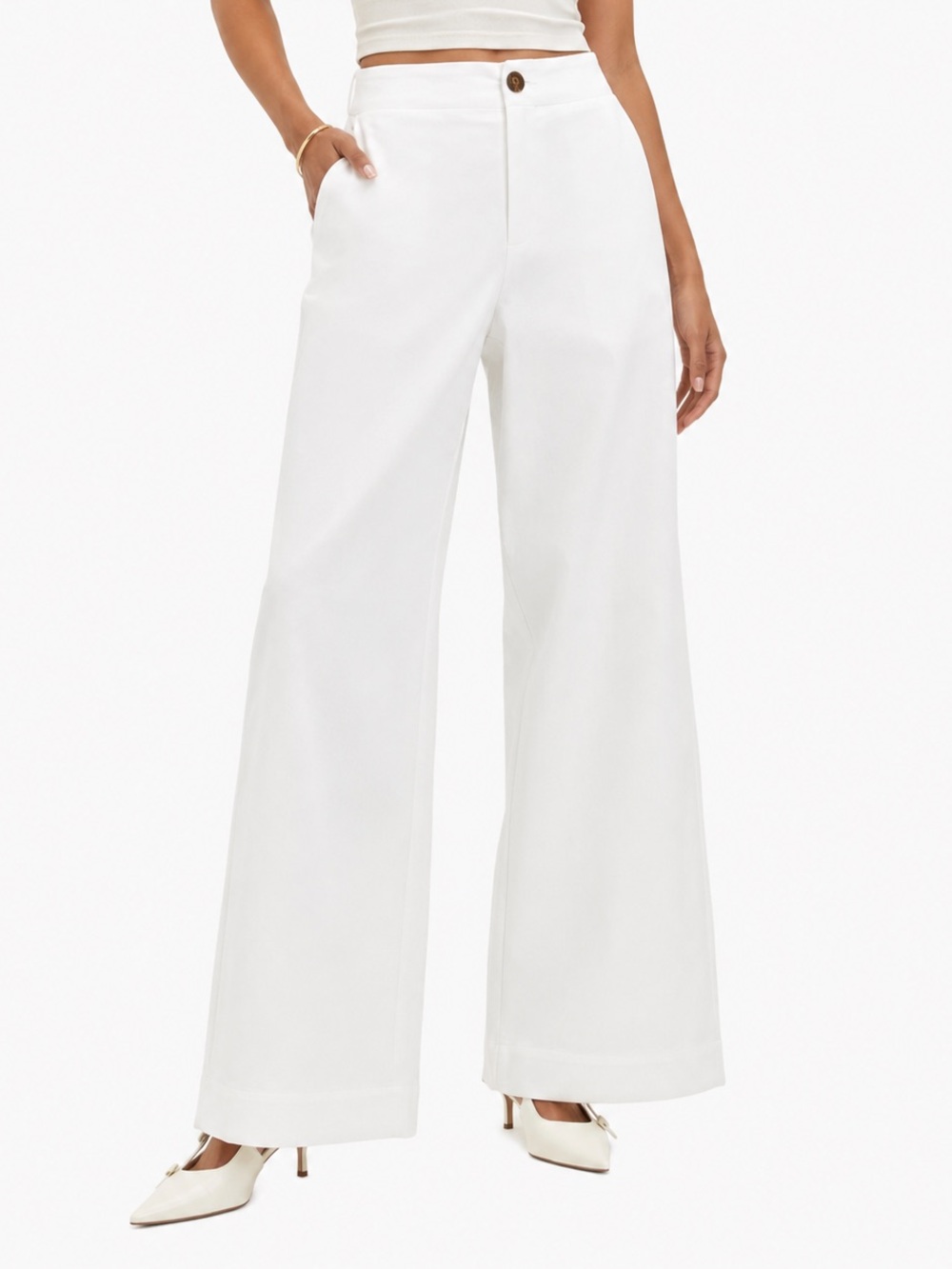 a new day Women's Faux Linen Trousers Mid Rise Wide Leg Stretch White Size 2